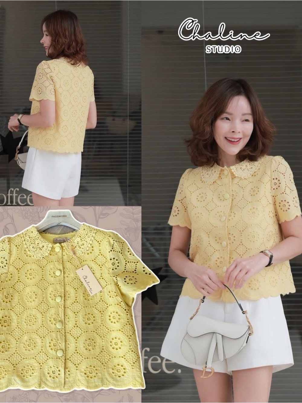 Yellow Eyelet Crochet Button-Front Top with Lace Collar